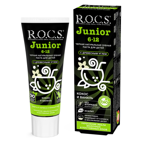 Черная зубная паста R.O.C.S. Junior BLACK Кокос и Ваниль, 74 гр